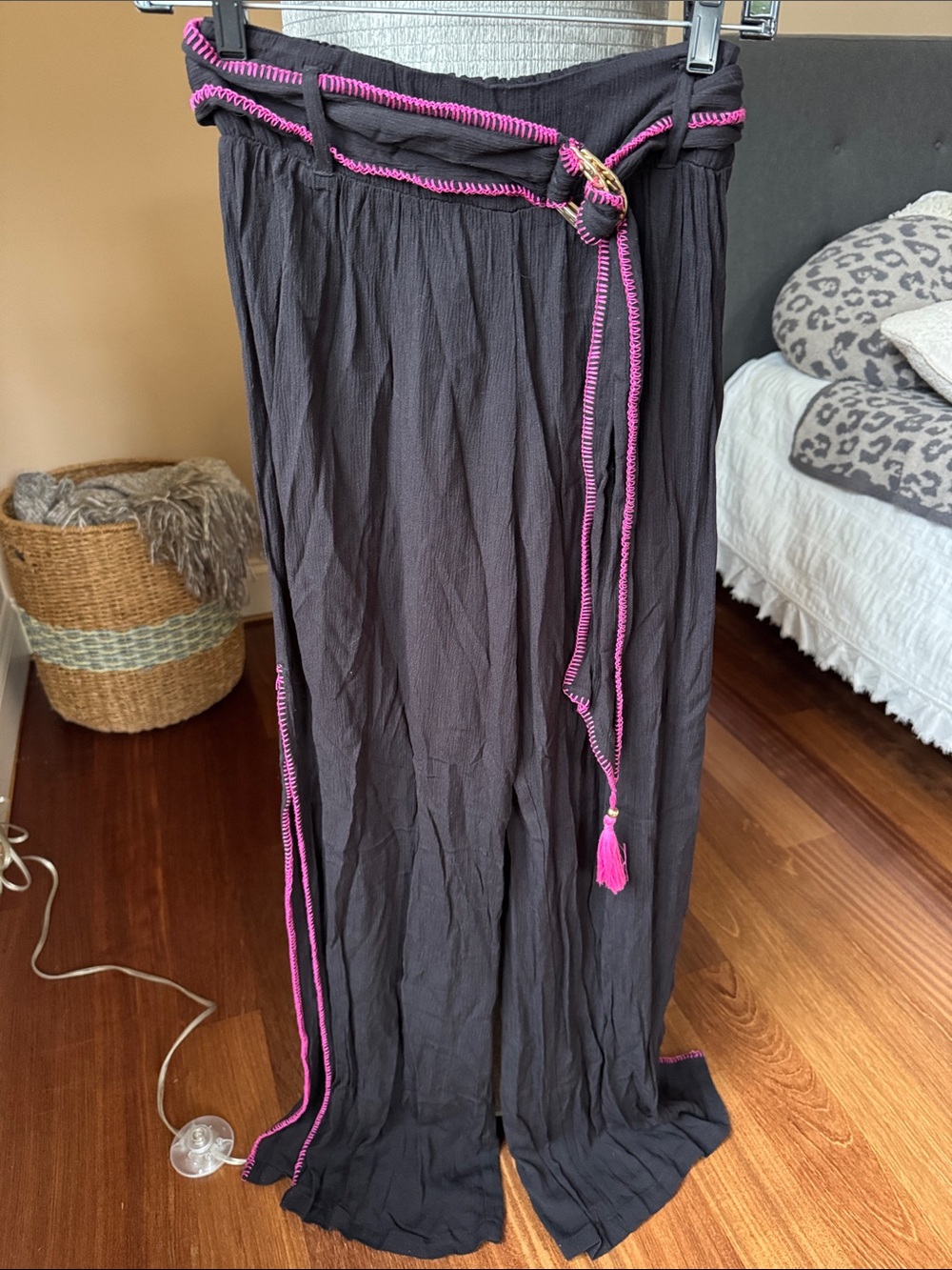 Trina Turk Black Pants Swim Coverup with Pink Trim and Tassel Belt